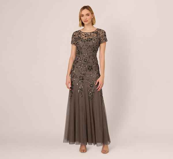 Adrianna Papell Hand Beaded Short Sleeve Floral Godet Gown In Lead