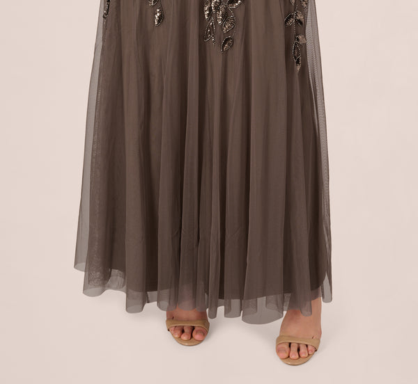 Adrianna Papell Hand Beaded Short Sleeve Floral Godet Gown In Lead