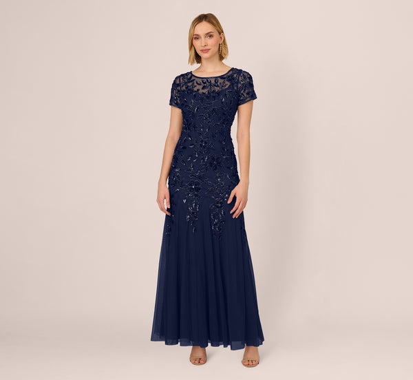 Adrianna Papell Hand Beaded Short Sleeve Floral Godet Gown In Light Navy