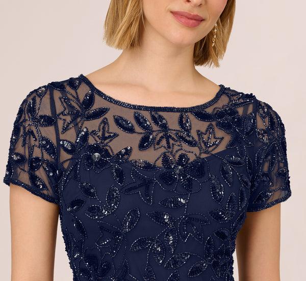 Adrianna Papell Hand Beaded Short Sleeve Floral Godet Gown In Light Navy