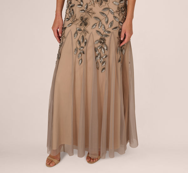 Adrianna Papell Hand Beaded Short Sleeve Floral Godet Gown In Mercury Nude