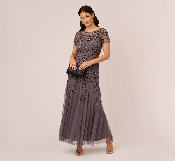 Adrianna Papell Hand Beaded Short Sleeve Floral Godet Gown In Moonscape