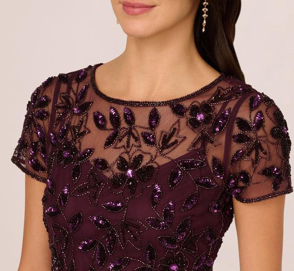 Adrianna Papell Hand Beaded Short Sleeve Floral Godet Gown In Night Plum