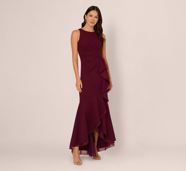 Adrianna Papell High Low Crepe Halter Gown With Organza Draping In Cabernet