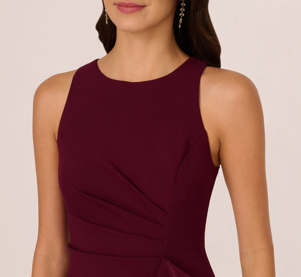 Adrianna Papell High Low Crepe Halter Gown With Organza Draping In Cabernet