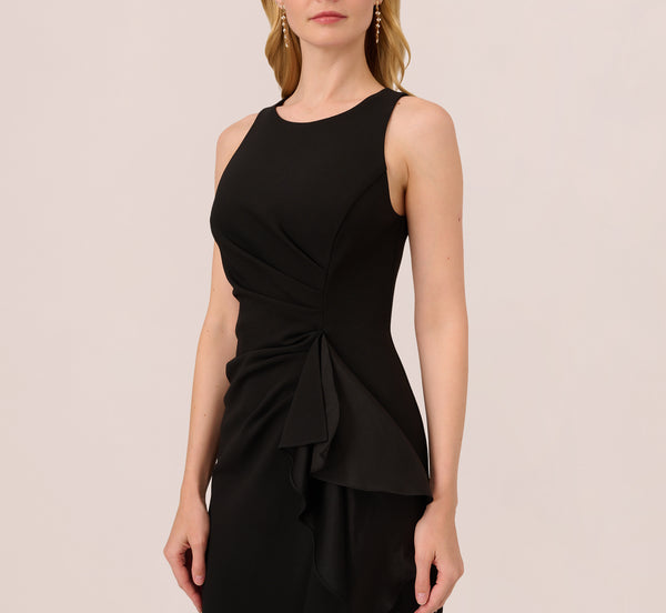 Adrianna Papell High Low Crepe Halter Gown With Organza Draping In Black
