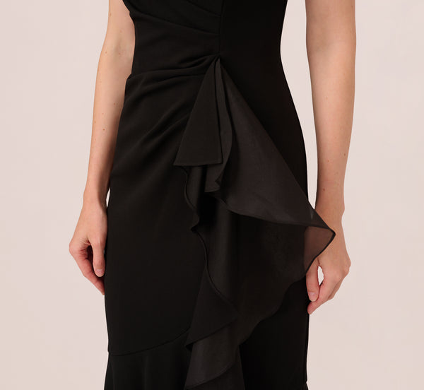 Adrianna Papell High Low Crepe Halter Gown With Organza Draping In Black