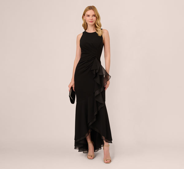 adrianna papell High Low Crepe Halter Gown With Organza Draping In Black