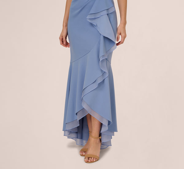 Adrianna Papell High Low Crepe Halter Gown With Organza Draping In French Blue
