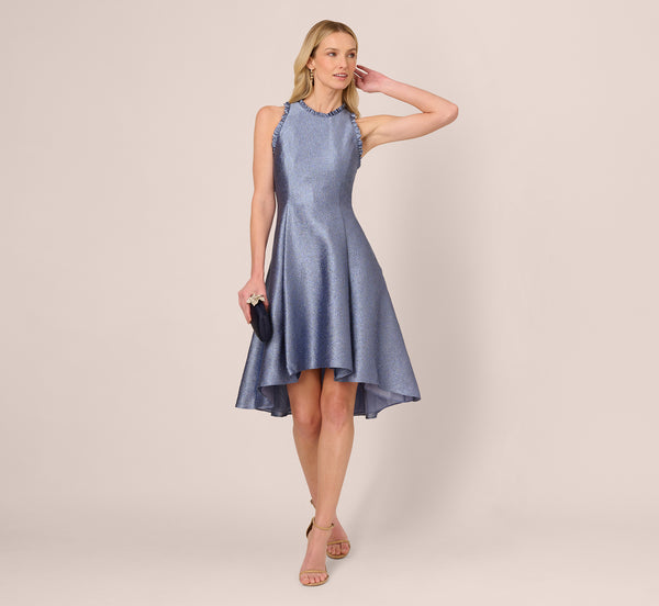 Adrianna Papell High Low Fit And Flare Crinkle Jacquard Dress In Spring Blue