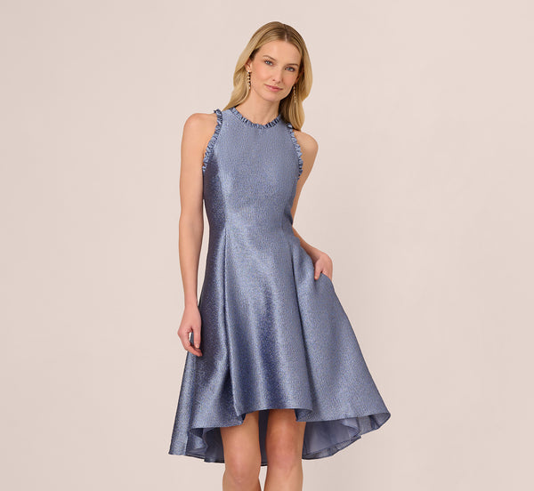 Adrianna Papell High Low Fit And Flare Crinkle Jacquard Dress In Spring Blue