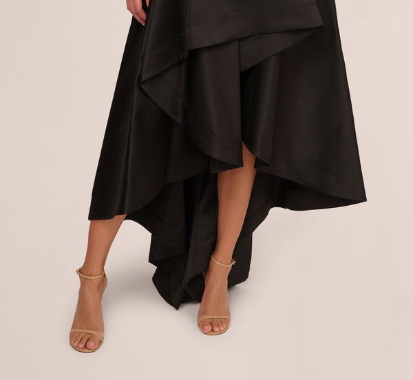 Adrianna Papell High Low Mikado Gown With Asymmetrical Detail In Black