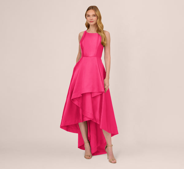 Adrianna Papell High Low Mikado Gown With Asymmetrical Detail In Electric Pink