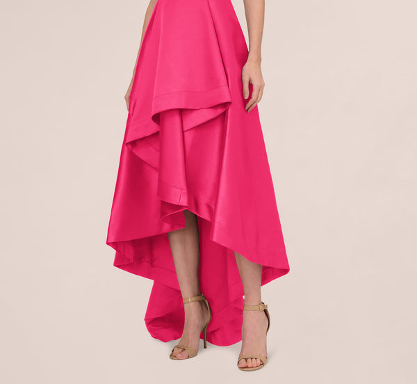 Adrianna Papell High Low Mikado Gown With Asymmetrical Detail In Electric Pink