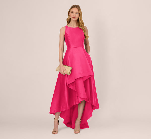 adrianna papell High Low Mikado Gown With Asymmetrical Detail In Electric Pink