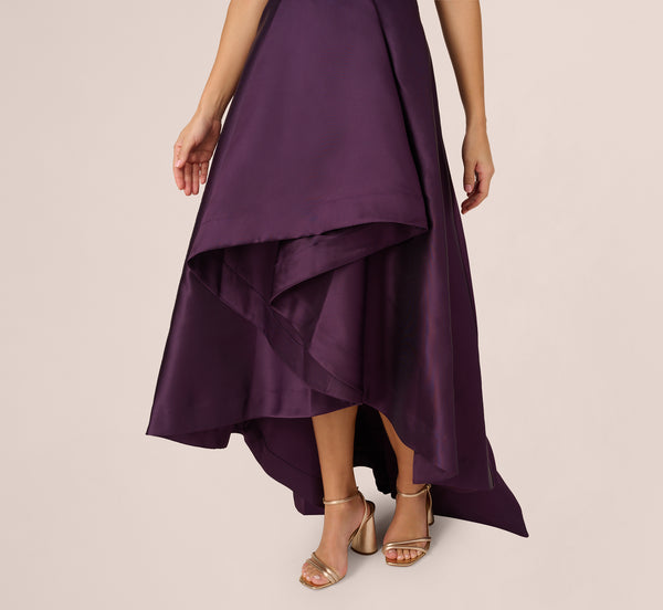 Adrianna Papell High Low Mikado Gown With Asymmetrical Detail In Luxe Plum