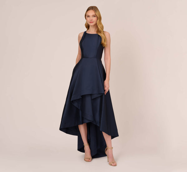 Adrianna Papell High Low Mikado Gown With Asymmetrical Detail In Midnight