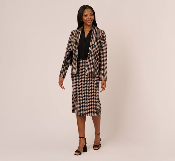 adrianna papell Houndstooth Blazer With Shawl Collar In Dusty Camel Soft Houndstooth