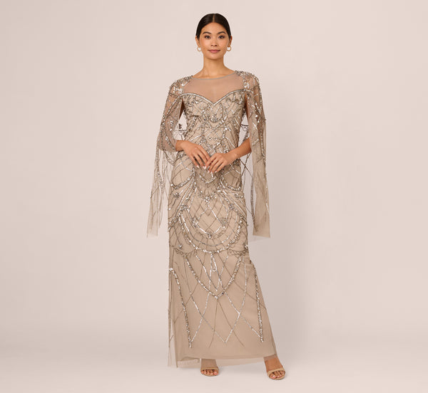 Adrianna Papell Illusion Beaded Cape Dress In Platinum