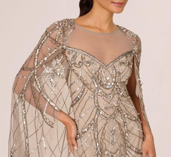 Adrianna Papell Illusion Beaded Cape Dress In Platinum