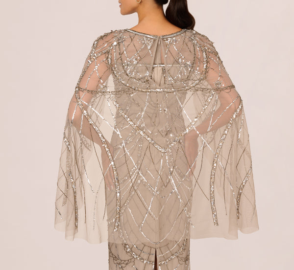 Adrianna Papell Illusion Beaded Cape Dress In Platinum