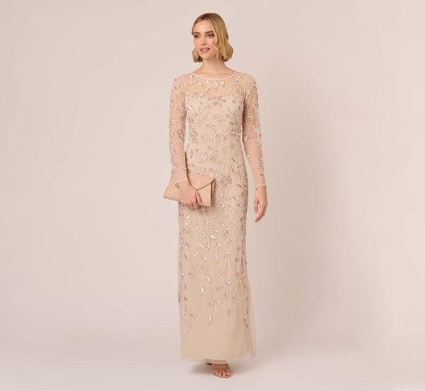adrianna papell Illusion Floral Beaded Gown With Sheer Long Sleeves In Latte