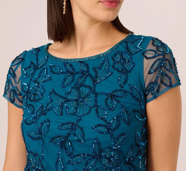 Adrianna Papell Jasmine Beaded Blouson Gown With Sheer Short Sleeves In Teal Sapphire