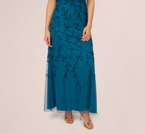 Adrianna Papell Jasmine Beaded Blouson Gown With Sheer Short Sleeves In Teal Sapphire