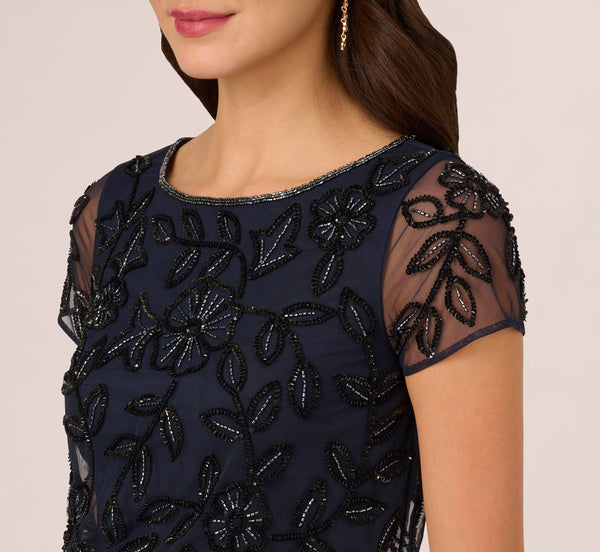 Adrianna Papell Jasmine Beaded Blouson Gown With Sheer Short Sleeves In Navy Black