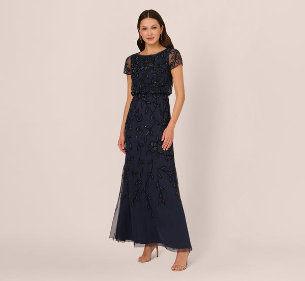 Adrianna Papell Jasmine Beaded Blouson Gown With Sheer Short Sleeves In Navy Black