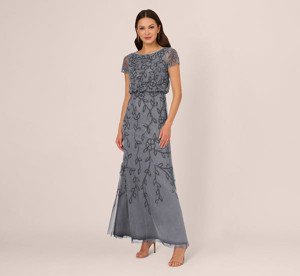 Adrianna Papell Jasmine Beaded Blouson Gown With Sheer Short Sleeves In Dusty Blue