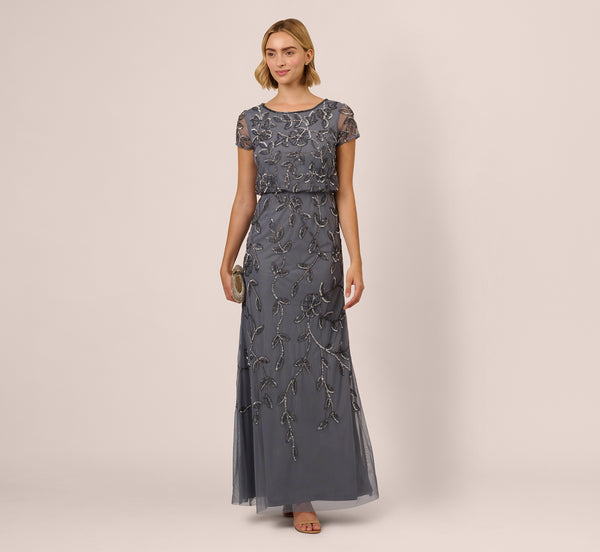 adrianna papell Jasmine Beaded Blouson Gown With Sheer Short Sleeves In Dusty Blue