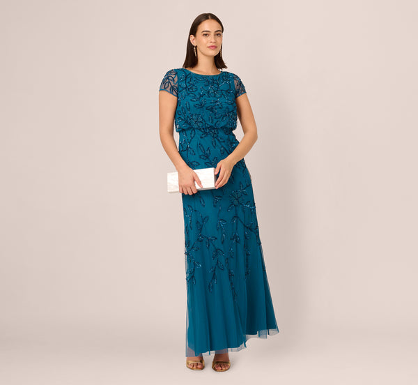 adrianna papell Jasmine Beaded Blouson Gown With Sheer Short Sleeves In Teal Sapphire