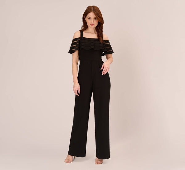 Adrianna Papell Jersey Banded Ruffled Jumpsuit With Cold Shoulder In Black