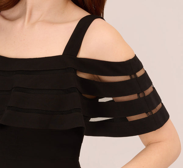 Adrianna Papell Jersey Banded Ruffled Jumpsuit With Cold Shoulder In Black