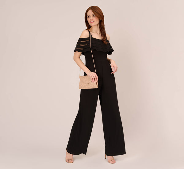adrianna papell Jersey Banded Ruffled Jumpsuit With Cold Shoulder In Black