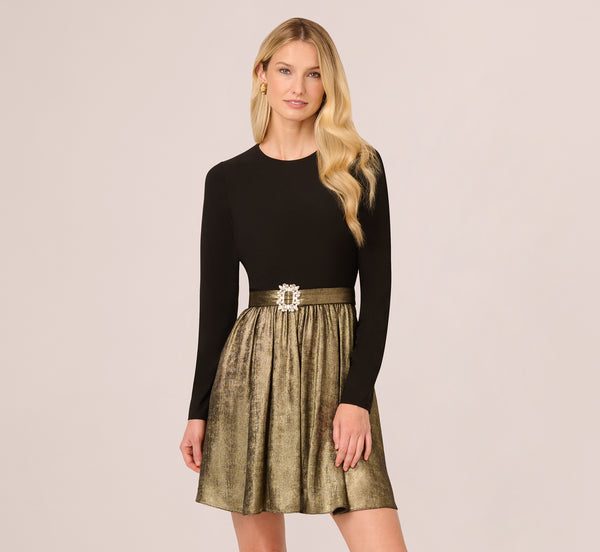 Adrianna Papell Jersey Metallic Combo Short Dress In Black Gold