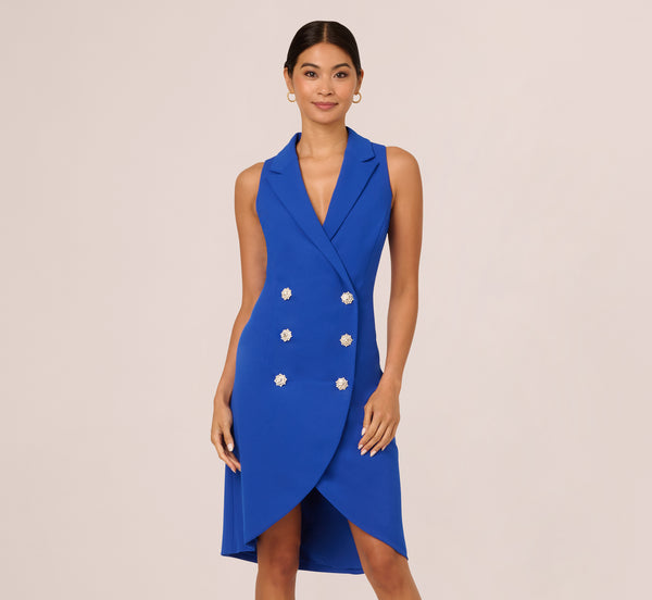 Adrianna Papell Jewel Button Tuxedo Short Dress In Deep Sapphire