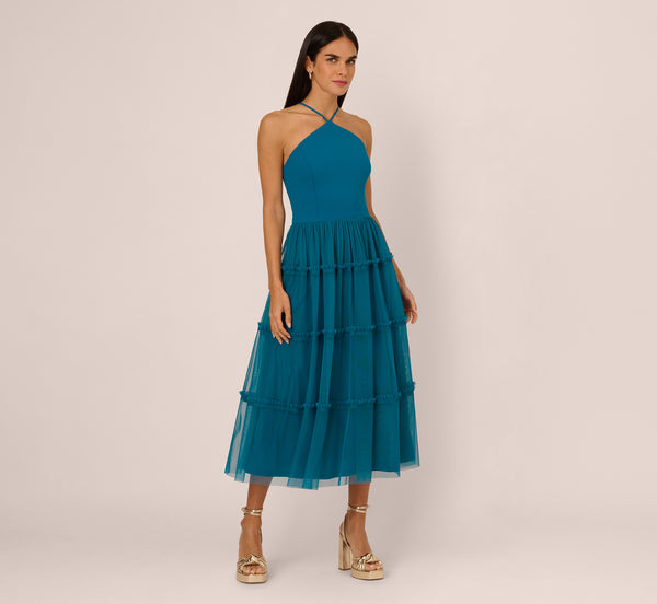 Adrianna Papell Knit And Mesh Tiered Midi Halter Dress In Peacock