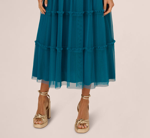 Adrianna Papell Knit And Mesh Tiered Midi Halter Dress In Peacock