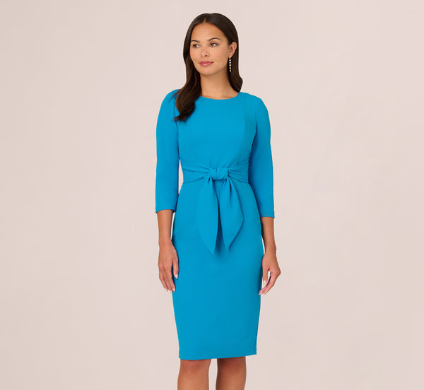 Adrianna Papell Knit Crepe Bow Sheath Dress With Three Quarter Sleeves In Blue Coast