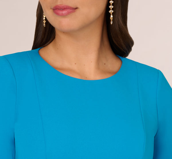 Adrianna Papell Knit Crepe Bow Sheath Dress With Three Quarter Sleeves In Blue Coast