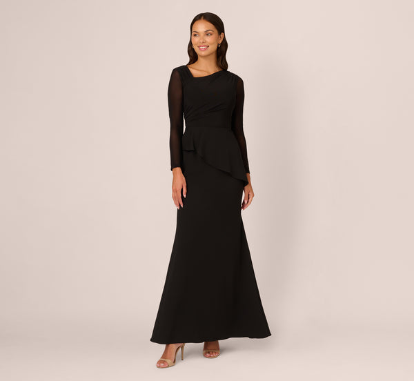 Adrianna Papell Knit Crepe Combo Mesh Gown In Black