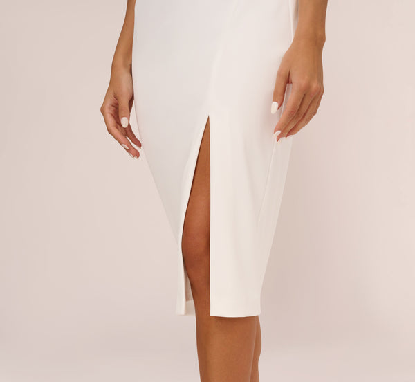 Adrianna Papell Knit Crepe Midi Dress With Feather Shoulder Accents In Ivory
