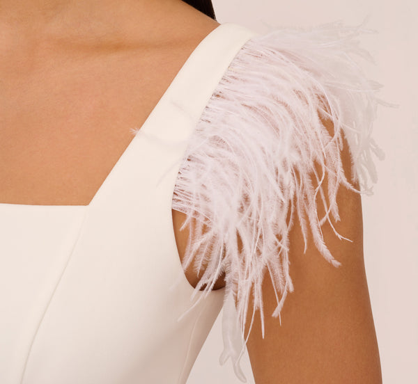 Adrianna Papell Knit Crepe Midi Dress With Feather Shoulder Accents In Ivory