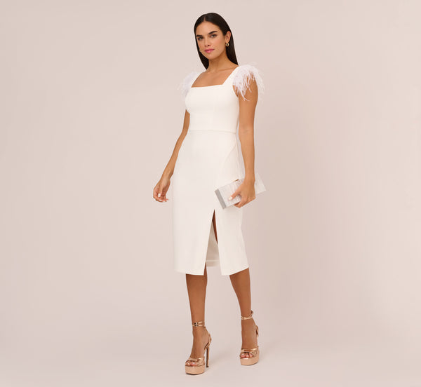 adrianna papell Knit Crepe Midi Dress With Feather Shoulder Accents In Ivory