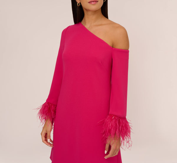 Adrianna Papell Knit Crepe One Shoulder Long Sleeve Dress With Feather Accents In Bright Rose