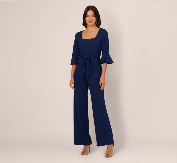Adrianna Papell Knit Crepe Wide Leg Jumpsuit With Bell Sleeves In Navy Sateen