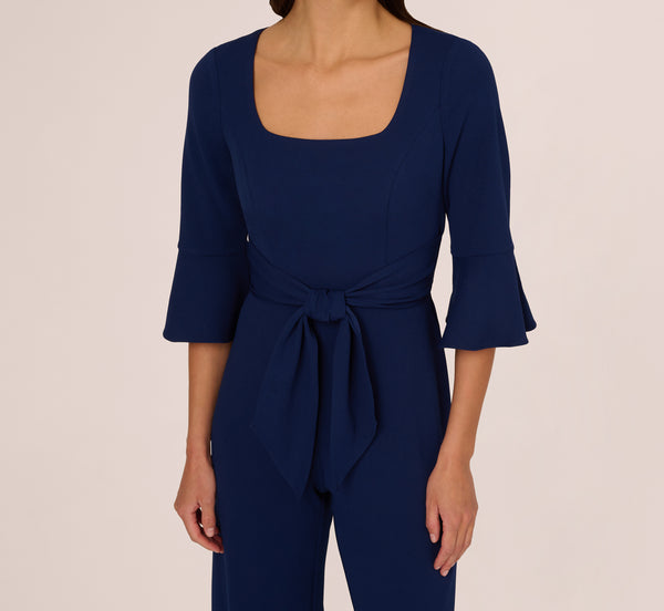 Adrianna Papell Knit Crepe Wide Leg Jumpsuit With Bell Sleeves In Navy Sateen