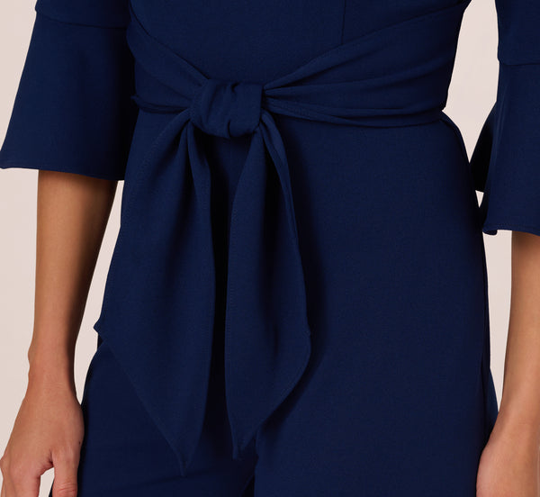 Adrianna Papell Knit Crepe Wide Leg Jumpsuit With Bell Sleeves In Navy Sateen